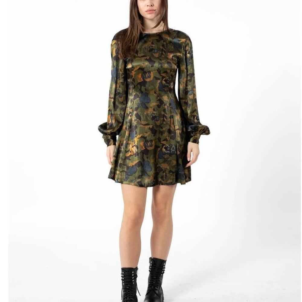 Ganni Satin Green Camo Print Long Sleeve A-Line Mini Dress